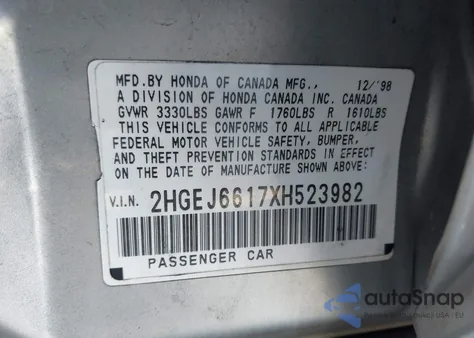 1999 Honda Civic Value Package from USA, damaged, VIN 2HGEJ6617XH523982